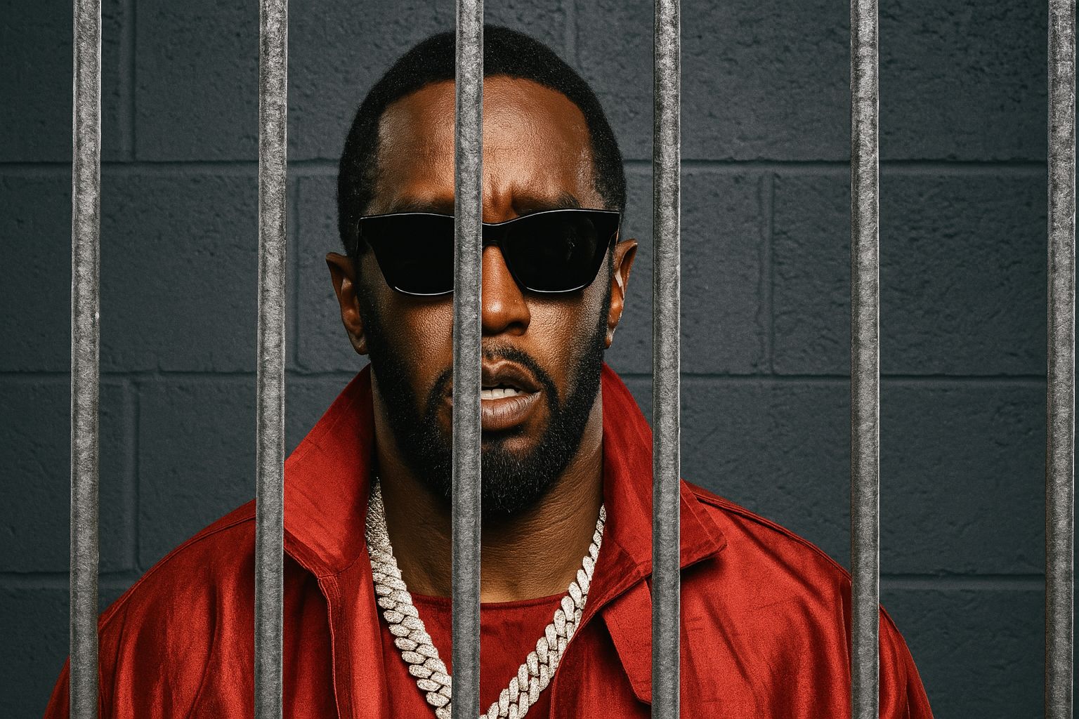P Diddy Julgamento é visto atrás das grades, usando óculos escuros, corrente prateada e jaqueta vermelha, em cenário que remete a ambiente de prisão.